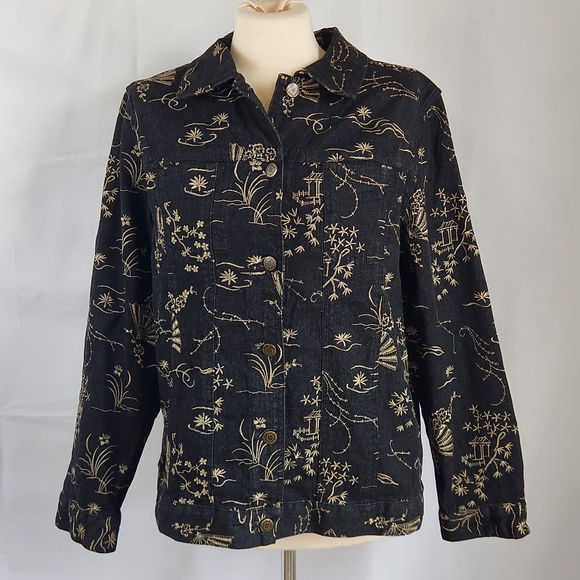 Embroidered Denim Linen Jacket Women’s Medium Oriental Artsy Boho Vintage - Picture 3 of 16